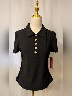Love Scarlet Women's Black Polo Top with Floral Button Trim